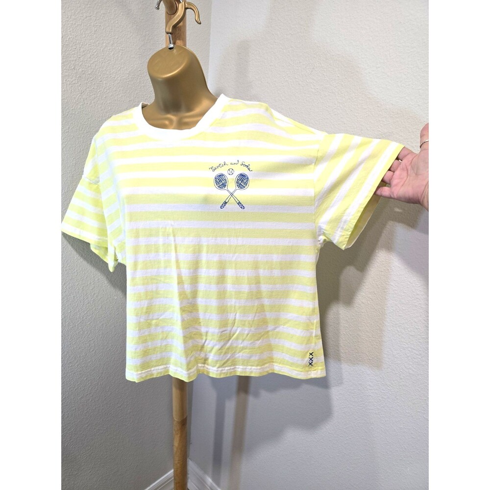 Scotch Soda T Shirt XL Yellow Stripe Tennis Pickleball Racket Embroidered Logo